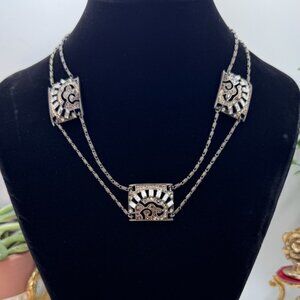 Rare Gorgeous Sweet Romance Art Deco Design Rhinestone Necklaces Brass Tone